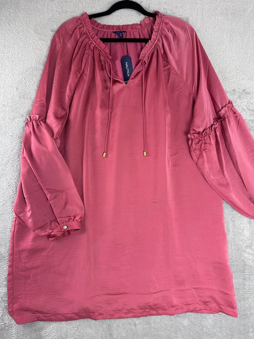 Nautica XXL Plus Size Pink Mauve Satin Tunic Mini Dress Ruffle Sleeve Top NWT